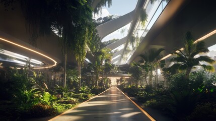 Naklejka premium Lush Indoor Garden with Modern Architecture and Natural Light
