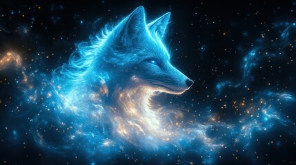 Mystical blue fox engulfed in cosmic dust and fire.