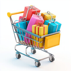 Colorful shopping cart filled with wrapped gifts and presents