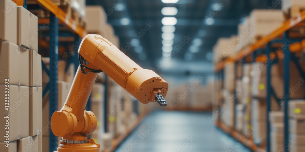 Poster automated robotic arm sorting packages in warehouse environment, showcasing efficiency and modern te
