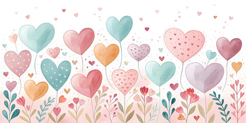 Watercolor heart background with hand-painted heart balloons and floral border, soft pastel romantic design