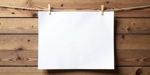 Blank Paper Sheet Hanging on Rustic Wooden Background, Ready for Your Message or Design