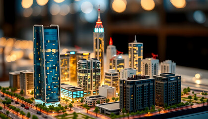 City skyline at night, miniature effect, tilt-shift photography, glowing windows, high-rise buildings, urban landscape, bokeh lights, detailed architectural models, warm color tones, cityscape diorama