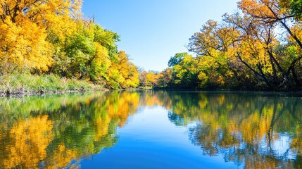 Fototapeta premium Vibrant autumn trees in yellow and orange hues reflect on the calm surface of a quiet river under a clear blue sky.
