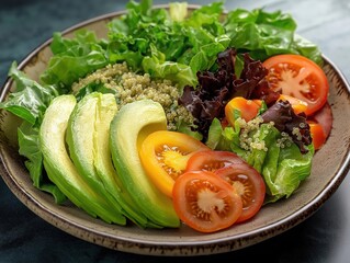 Healthy Quinoa Bowl with Avocado, Cherry Tomatoes, and Mixed Greens