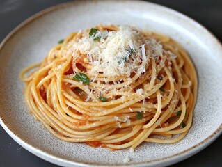 Spaghetti Marinara with Parmesan and Fresh Basil in a Ceramic Bowl