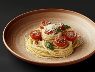 Spaghetti Carbonara with Parmesan and Cherry Tomatoes in a Rustic Bowl