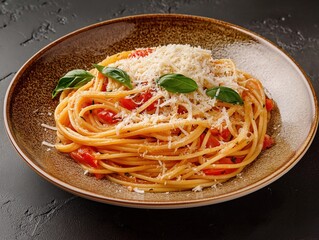 Gourmet Italian Spaghetti Pomodoro with Basil and Parmesan on a Rustic Plate