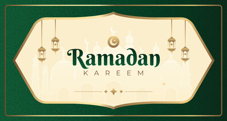 background for ramadan Islamic mosque with moon, stars, lanterns with a warn grreen and gold color. Ramadan kareem greeting banner template vector © Dezaincreative