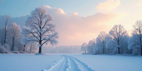 Obraz premium Serene Winter Landscape Frosty Trees and a Winding Path Through a Snow-Covered Field at Dawn