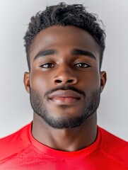 Obraz premium Close-up portrait of a young man with short curly hair, wearing a red athletic shirt, looking up with a focused expression, plain background