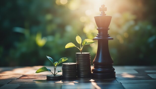 Strategic Growth: Saplings Emerge from Coins Alongside a Steadfast Chess King