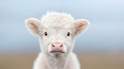 Cute white calf, field background, farm animal portrait, idyllic rural scene