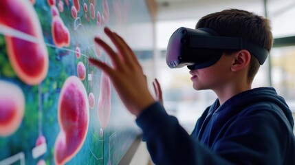 A student participating in a virtual reality science lab experiment with interactive simulations, VR science education theme, Scientific style