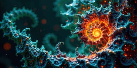 Obraz premium Intricate Spiral of Glowing Teal and Orange Organic Forms with Luminescent Particles