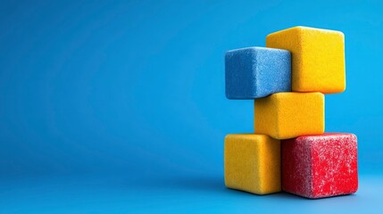 Abstract Colorful Cubes Stacked on Blue Background - Concept of Building, Growth, and Teamwork