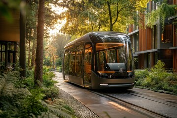 Obraz premium Arriving Autonomous Electric Bus at Bus Stop Unveils Future of Transportation Technology and Sustainability
