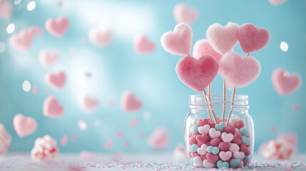 Jar of Heart Shaped Lollipops and Pastel Candies on Blue Background
