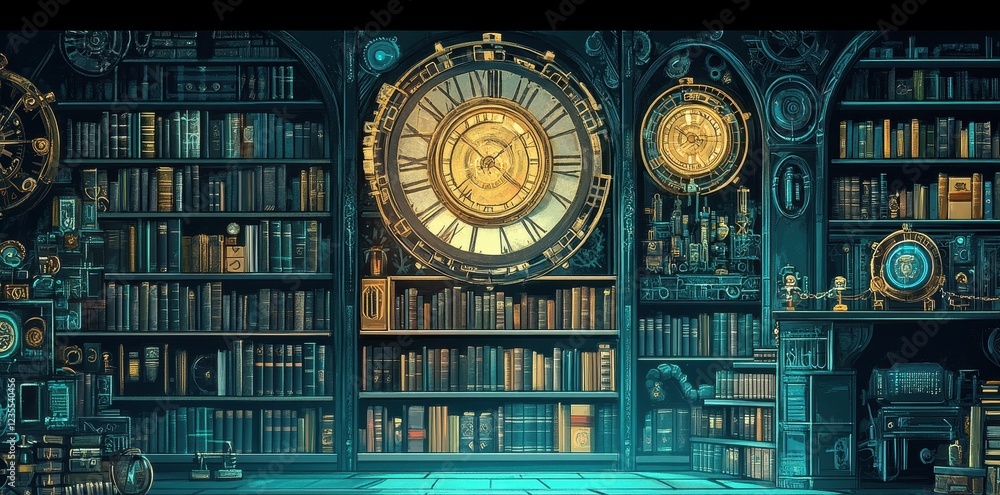Poster a steampunk library with large clocks and intricate details
