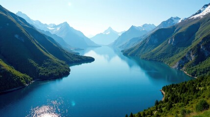 Obraz premium Serene mountain lake nestled between verdant slopes and snow-capped peaks, reflecting a brilliant sky