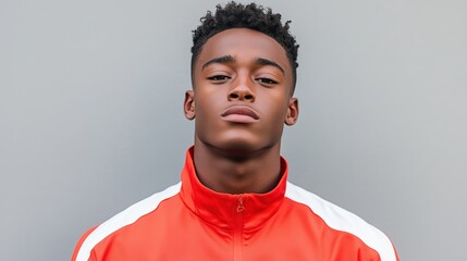 Portrait of young man in athletic jacket with serious expression, posing outdoors