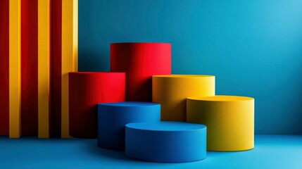 Obraz premium Colorful Cylindrical Display Platforms against a Striped Background