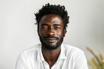 Fototapeta premium A mature black African man, aged 40-60, shows a calm and composed demeanor, with a warm smile that captures his thoughtful introspection and rich life experiences.