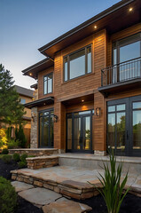 Fototapeta premium Modern Wooden House Exterior at Dusk: Luxury Home Design and Architecture