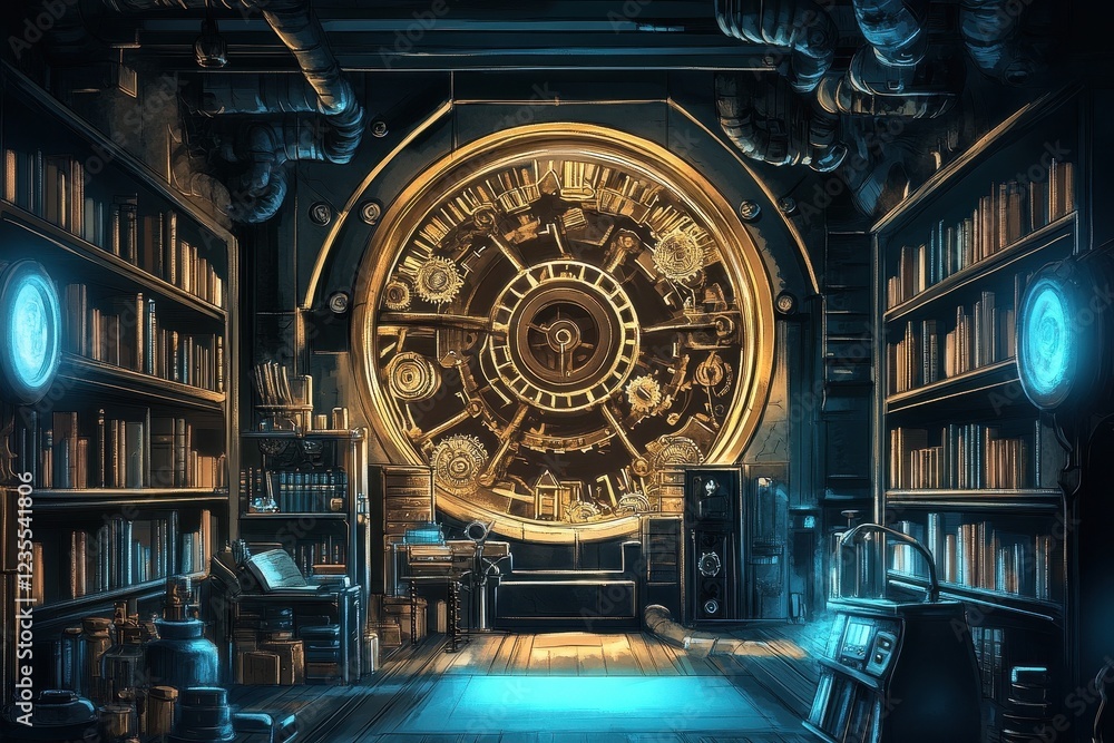 Poster steampunk library with large intricate clockwork mechanism