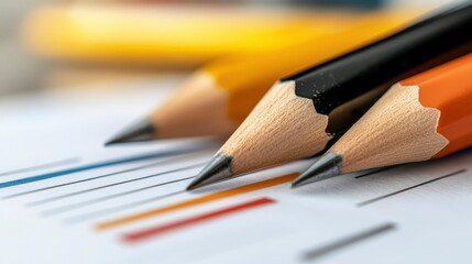 Fototapeta premium Close-up of Three Sharpened Pencils on a Graph - Planning, Strategy, and Business Concept