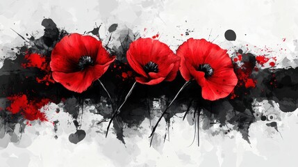 Red poppies, ink splatters, remembrance day, wall art