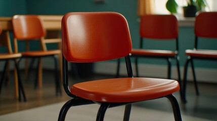 Single Orange Chair in a Row of Empty Chairs