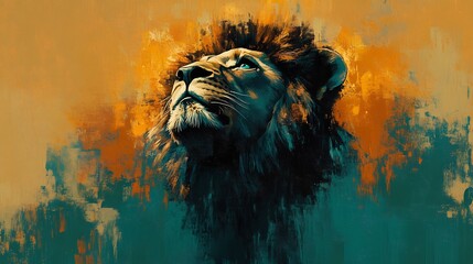 Majestic lion portrait warm golden teal hues dramatic lighting. AI Generated