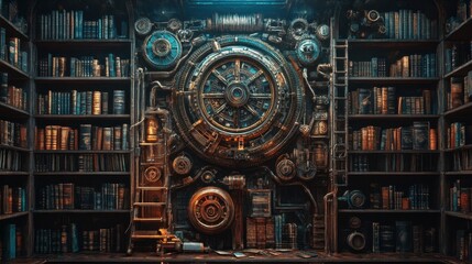 Steampunk Library With Intricate Mechanical Heart