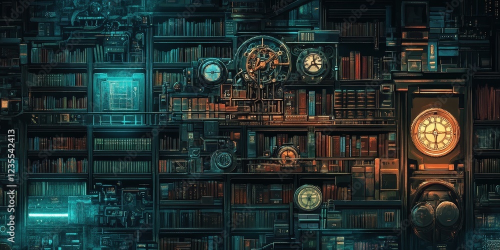 Poster steampunk library with intricate clockwork mechanisms