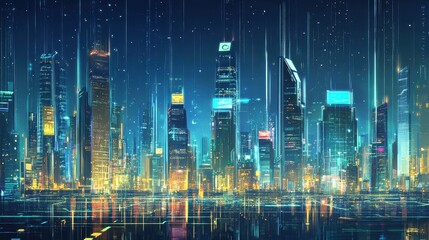 Digital painting of a futuristic city skyline where global trade is visualized through holographic projections and AI-driven infographics.