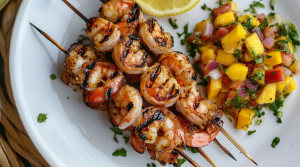 Grilled Shrimp Skewers Mango Salsa Delicious Summer Recipe Food Photography BBQ Meal Spicy Sweet    