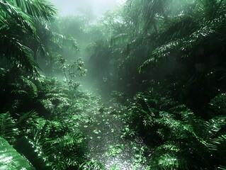 Fototapeta premium A lush green rainforest scene with dense foliage, illuminated by mist and raindrops. The tranquil atmosphere hints at the vibrant life within this tropical ecosystem.