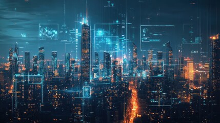 Fototapeta premium Digital painting of a futuristic city skyline where global trade is visualized through holographic projections and AI-driven infographics.