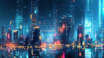 Digital painting of a futuristic city skyline where global trade is visualized through holographic projections and AI-driven infographics.