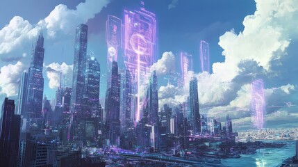 Obraz premium Digital painting of a futuristic city skyline where global trade is visualized through holographic projections and AI-driven infographics.