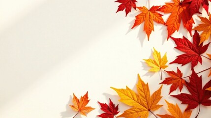 Autumnal foliage arrangement on a bright backdrop, showcasing vibrant red and gold leaves in a corner design, providing ample space for text or design elements.