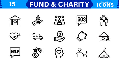 Fundraising & Charity Icon Collection. Minimalist Outline and Vector Icons for Social Impact, Donations, and Nonprofit Campaigns