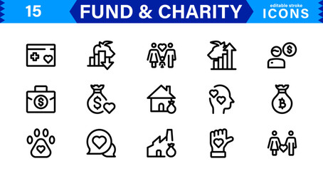 Fundraising & Charity Icon Collection. Minimalist Outline and Vector Icons for Social Impact, Donations, and Nonprofit Campaigns