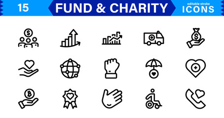 Fundraising & Charity Icon Collection. Minimalist Outline and Vector Icons for Social Impact, Donations, and Nonprofit Campaigns