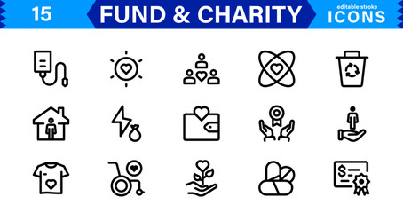 Fundraising & Charity Icon Collection. Minimalist Outline and Vector Icons for Social Impact, Donations, and Nonprofit Campaigns