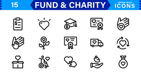 Fundraising & Charity Icon Collection. Minimalist Outline and Vector Icons for Social Impact, Donations, and Nonprofit Campaigns
