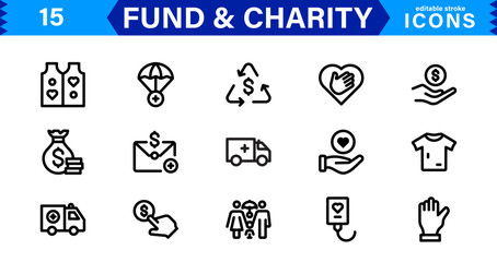 Fundraising & Charity Icon Collection. Minimalist Outline and Vector Icons for Social Impact, Donations, and Nonprofit Campaigns