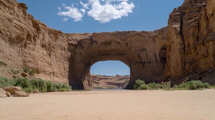 Natural rock arch over river, desert landscape, sunny day, travel photography