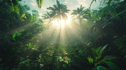 Fototapeta premium Sunbeams through lush tropical rainforest.